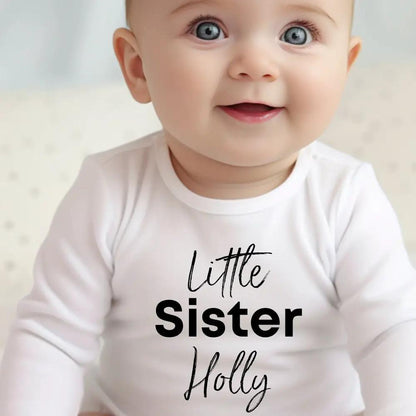 Personalised Little Sister Baby Outfit: Bib, Vest, Grow by Aye Do Gifts