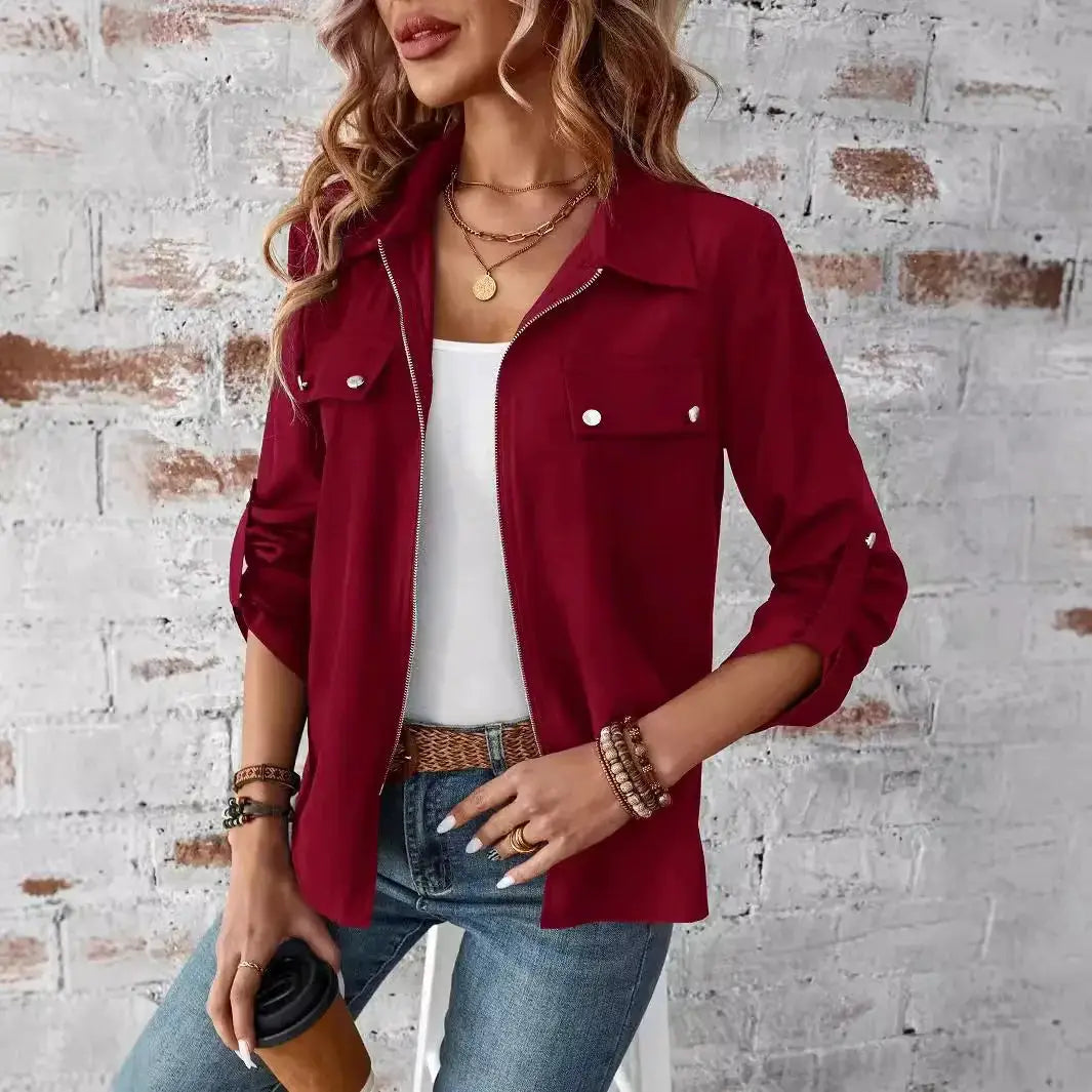 New Style European-Style Collar Zipper Cardigan with A Hood and A Plain-Colored Long-Sleeved Coat for Women by All Mart Bristol Ltd