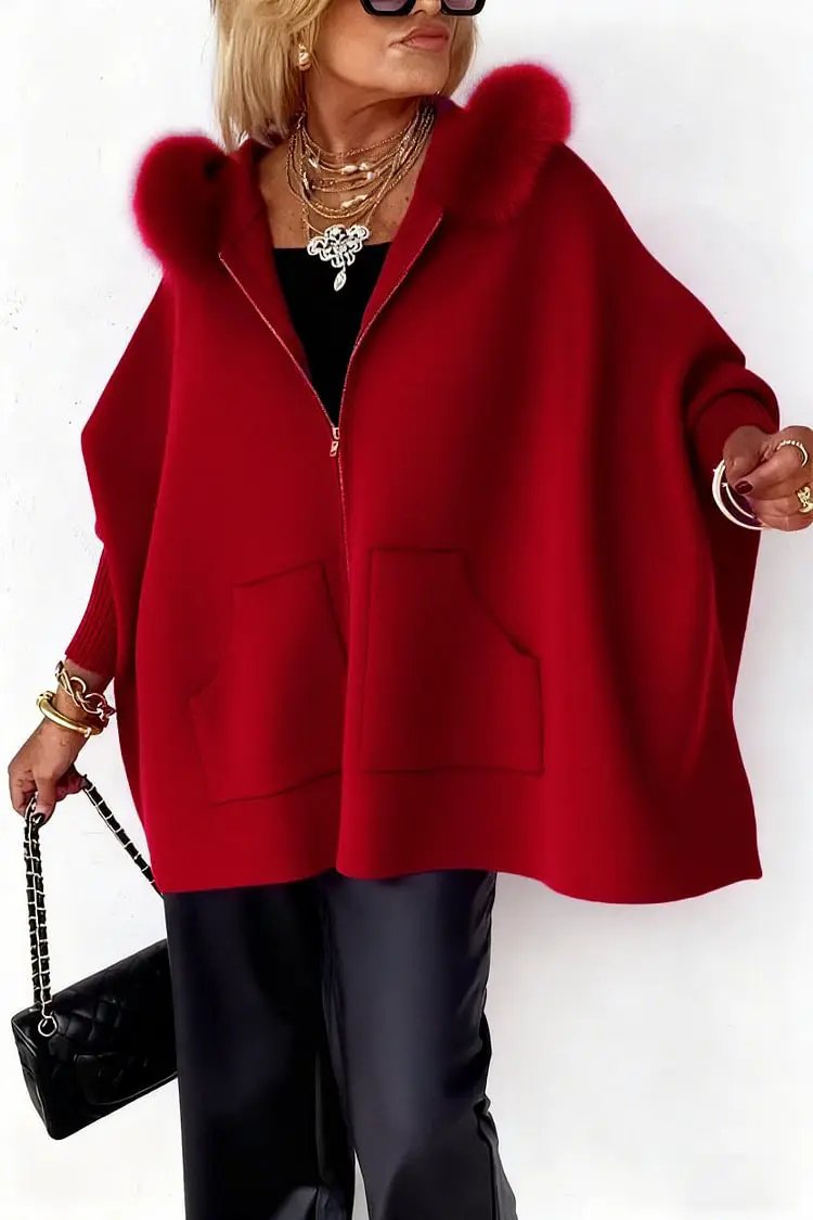 Ins Plush Hooded Cardigan Fashion Warm Pockets Zip-up Knitted Jacket Casual Outerwear Batwing Sleeve Sweater Women's Clothing by Dropshipman