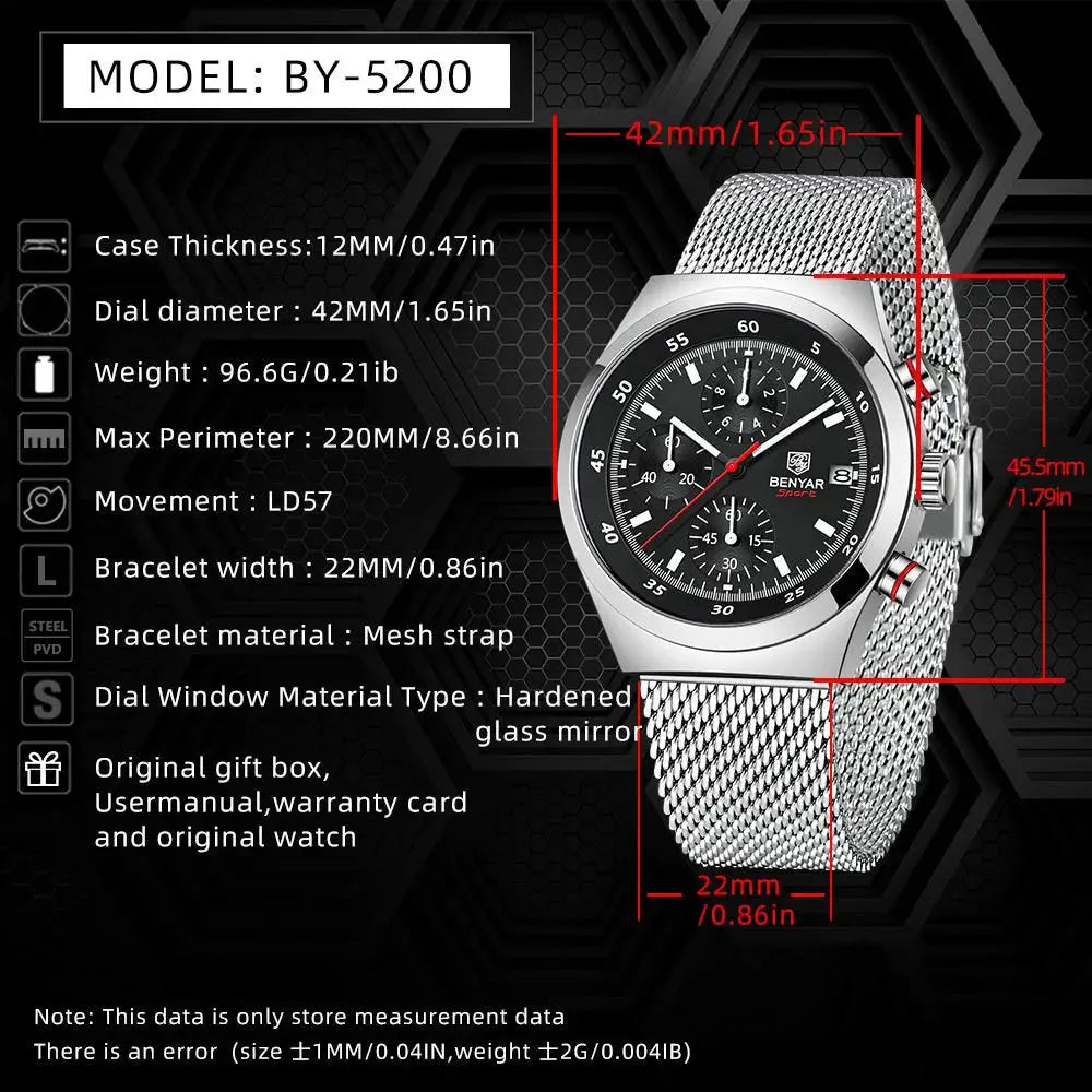 BENYAR Top Luxury Brand Men's Business Leisure Watch Mesh Band Quartz Timing Men's Watch 30 Meter Waterproof by All Mart Bristol Ltd
