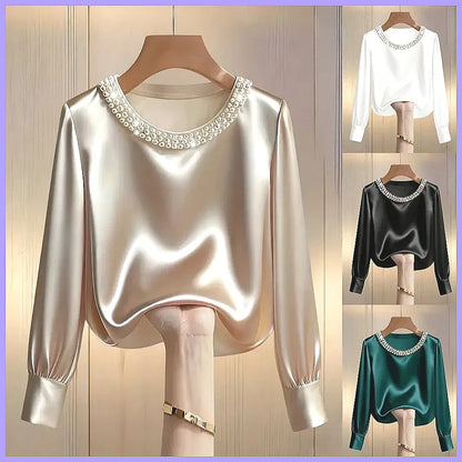 Elegant Beaded Satin Blouse for Women, Loose Fit Long Sleeve Silk Shirt Tops by All Mart Bristol Ltd