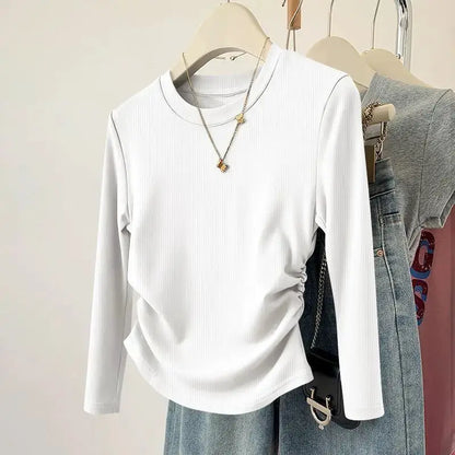 Spring and Autumn Women's Threaded T-shirt Top Soft Solid Color Round Neck Long Sleeve Fashionable Slimming Bottom Shirt by All Mart Bristol Ltd