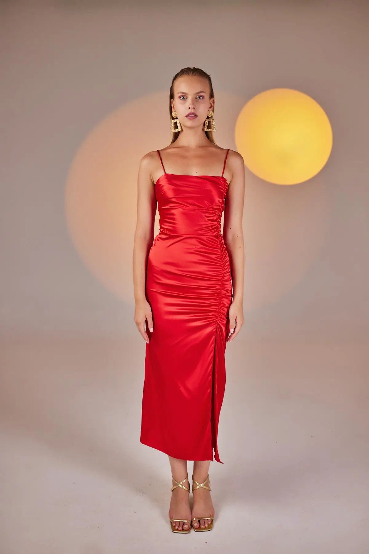 Dipsy Red Satin Strappy Slit Midi Dress by Holly Lolly