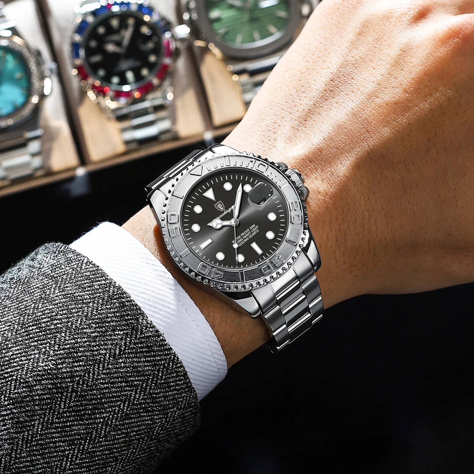 POEDAGAR Trendy Sport Man Watch Luminous Waterproof Stainless Steel Date Men Wristwatch Luxury Business Men's Quartz Watches+Box by All Mart Bristol Ltd