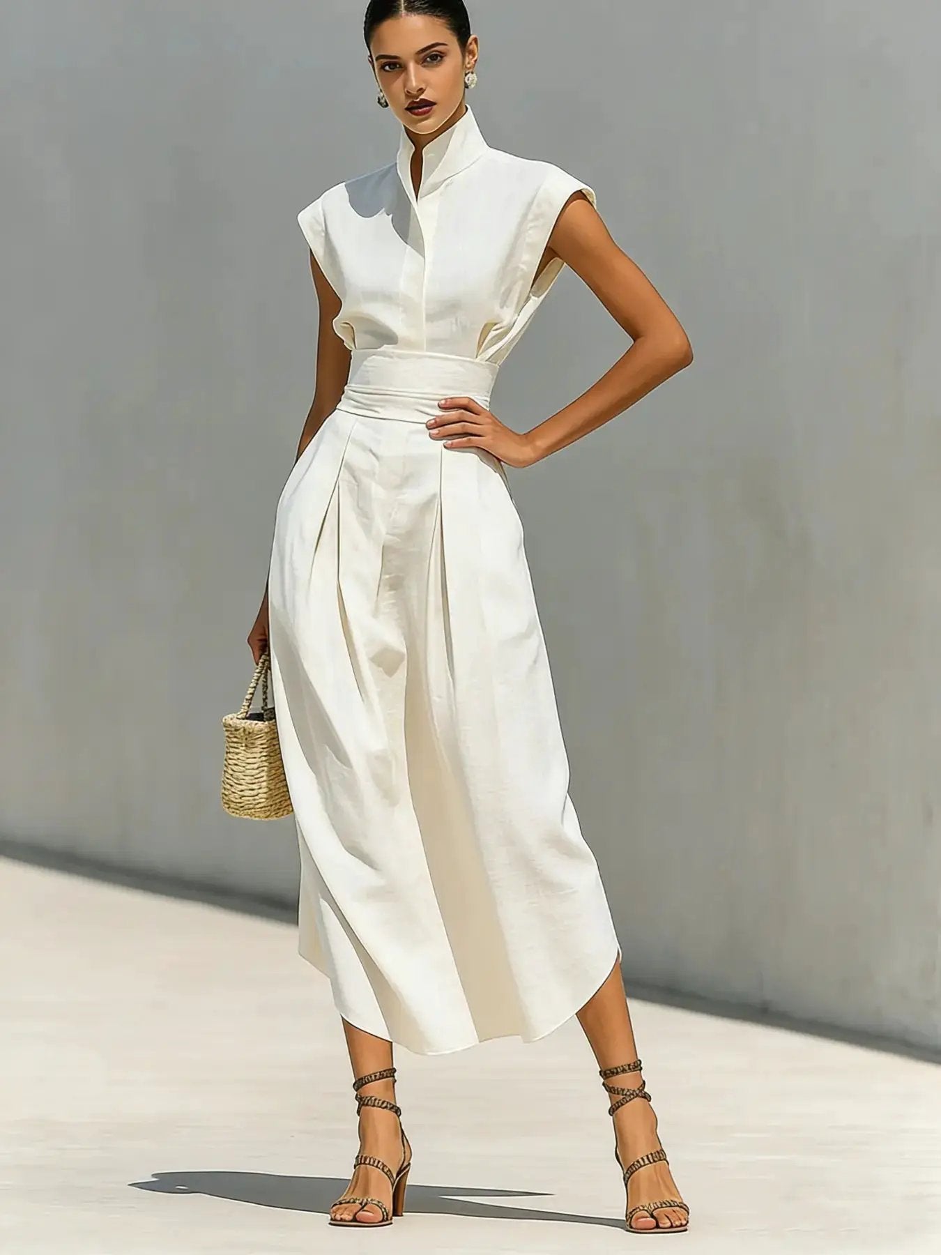 2026 European Style Formal Minimalist Women'S Spring Summer New High Waist Midi Dress, Crew Neck Loose Top, Office Wear Long Skirt by All Mart Bristol Ltd