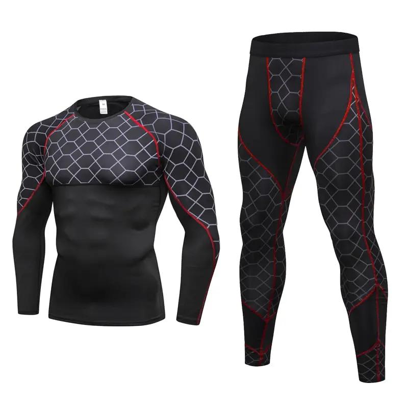 Men's Compression Run jogging Suits Grid Clothes Sports Set Long t shirt And Pants Gym Fitness workout Tights clothing 2pcs Sets by Dropshipman