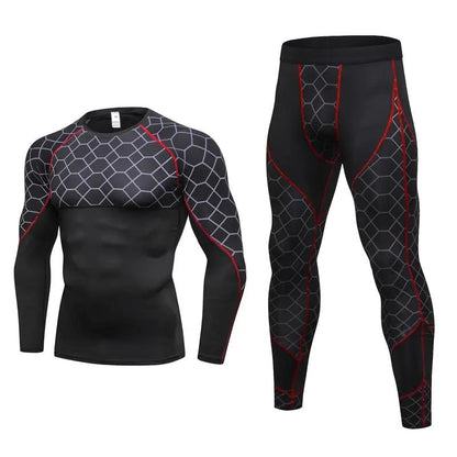 Men's Compression Run jogging Suits Grid Clothes Sports Set Long t shirt And Pants Gym Fitness workout Tights clothing 2pcs Sets by Dropshipman