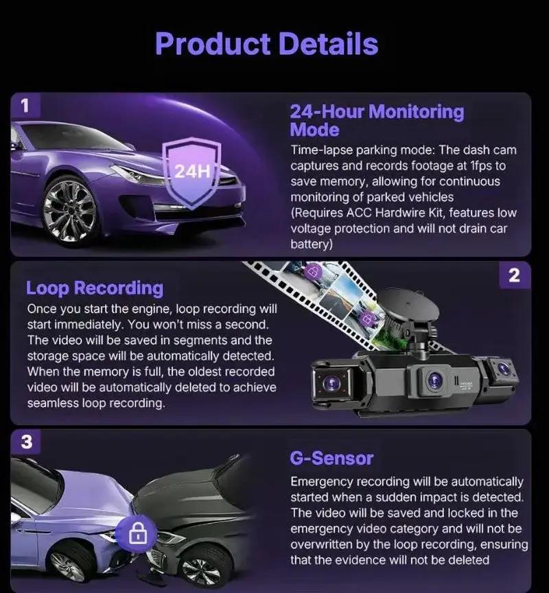 4 Channel Dash Cam with 360° Surround View Includes FREE OBD Cable for 24/7 Parking Monitor 4 Lens Front Rear inside Left Right Recording 3" Display, Built-In Wifi, 64GB Card Clear Night Vision, Hdr，Automotive Driving Recorder by All Mart Bristol Ltd