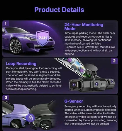 4 Channel Dash Cam with 360° Surround View Includes FREE OBD Cable for 24/7 Parking Monitor 4 Lens Front Rear inside Left Right Recording 3" Display, Built-In Wifi, 64GB Card Clear Night Vision, Hdr，Automotive Driving Recorder by All Mart Bristol Ltd