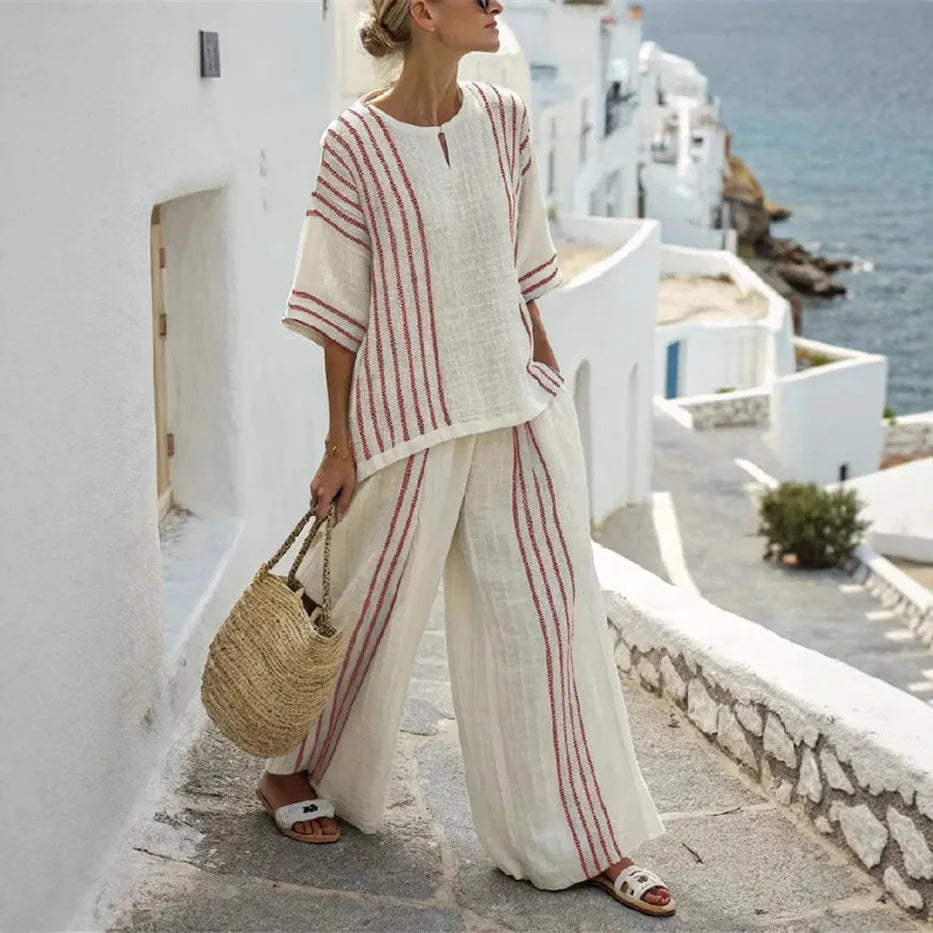 Breathable Casual Set Striped Cotton Print Tee Set Comfortable Lightweight Wideleg Pants Set Summer Two Piece Relaxed Outfit by All Mart Bristol Ltd