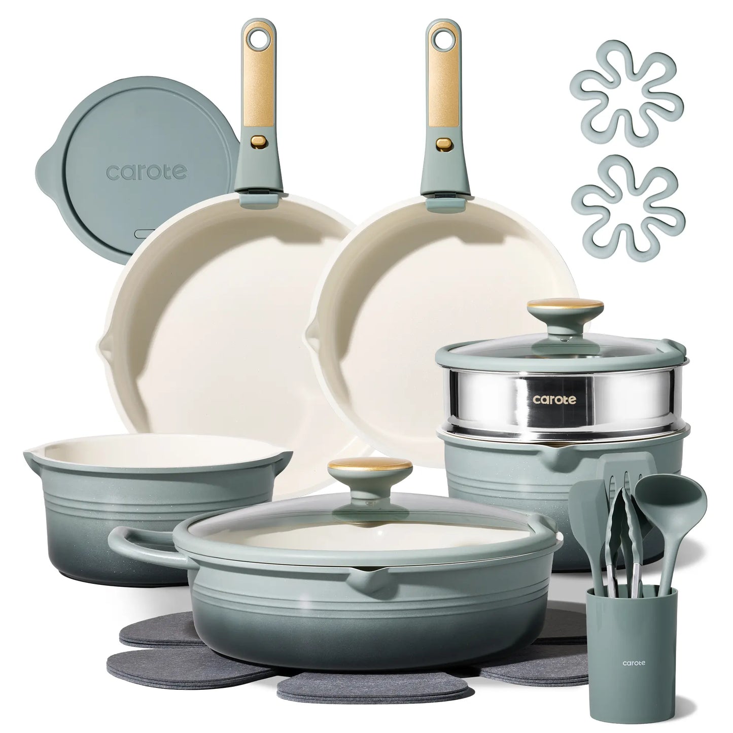 [Official]Carote 22Piece Gradient Color Ceramic Cookware Set Nonstick with Detachable Handle,Steamer, Utensils Set, Big Capacity by All Mart Bristol Ltd