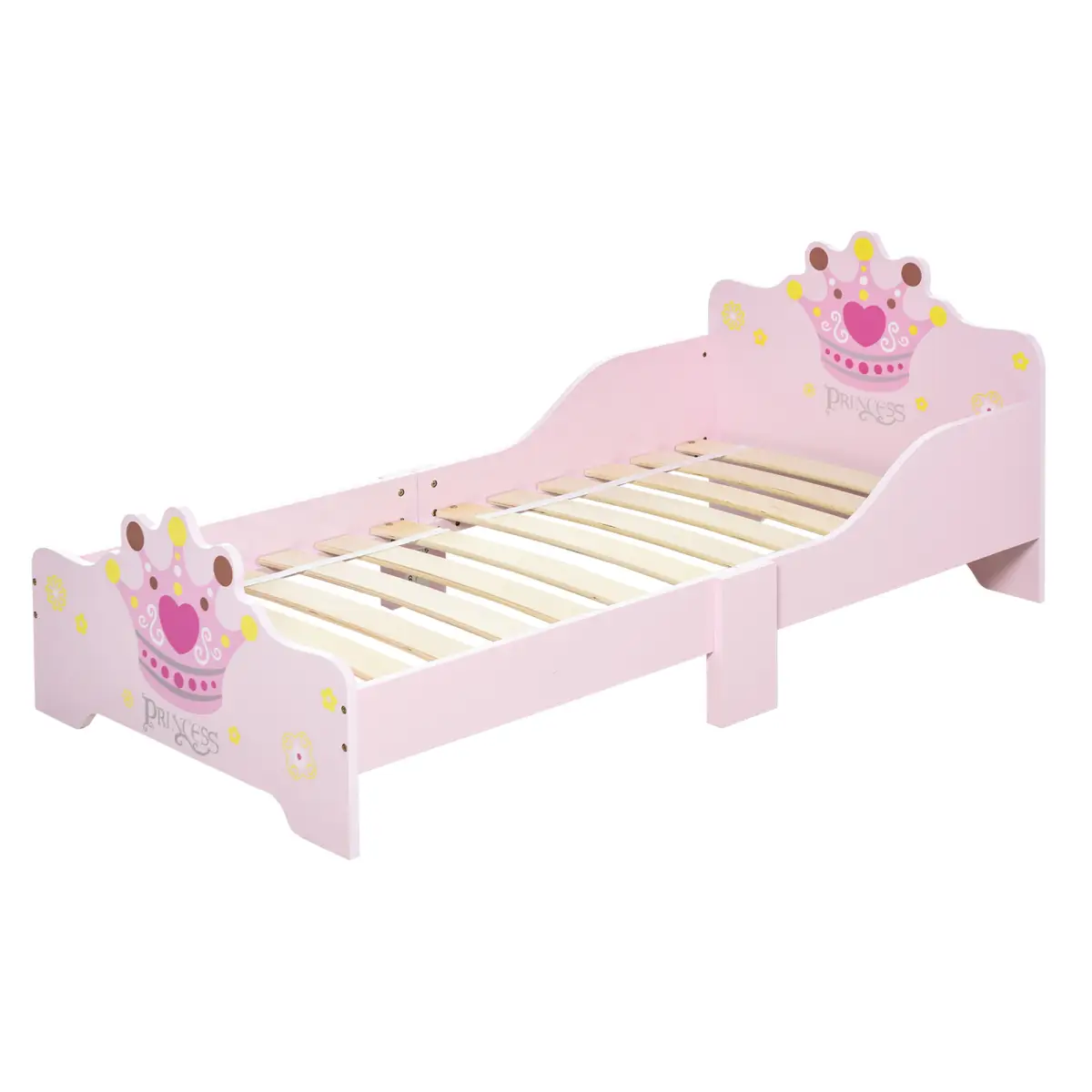 Kids Wooden Princess Crown & Flower Single Bed Safety Side Rails Slats by Homcom