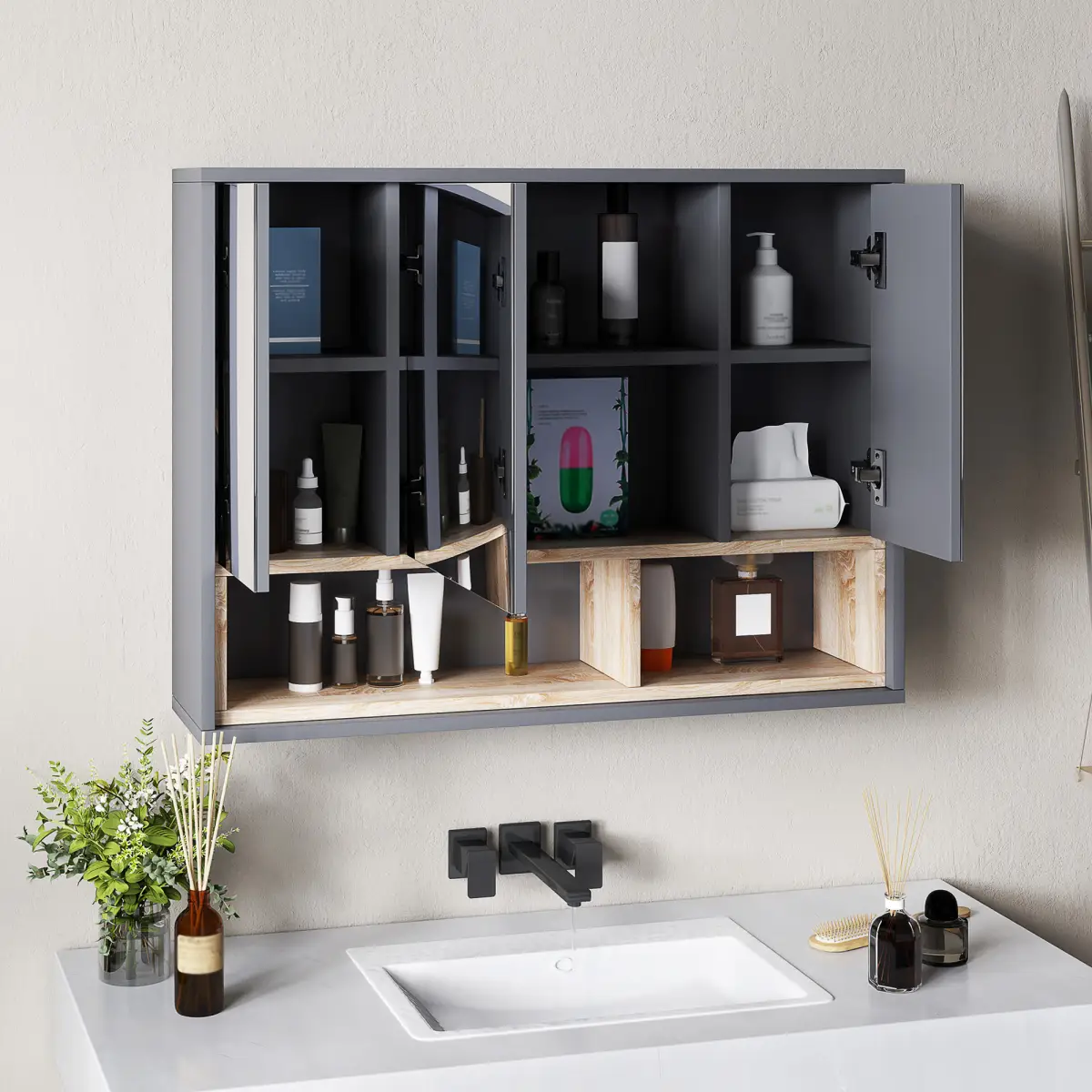 HOMCOM Bathroom Cabinet Wall Mounted Mirror Storage with Shelves Grey by HOMCOM