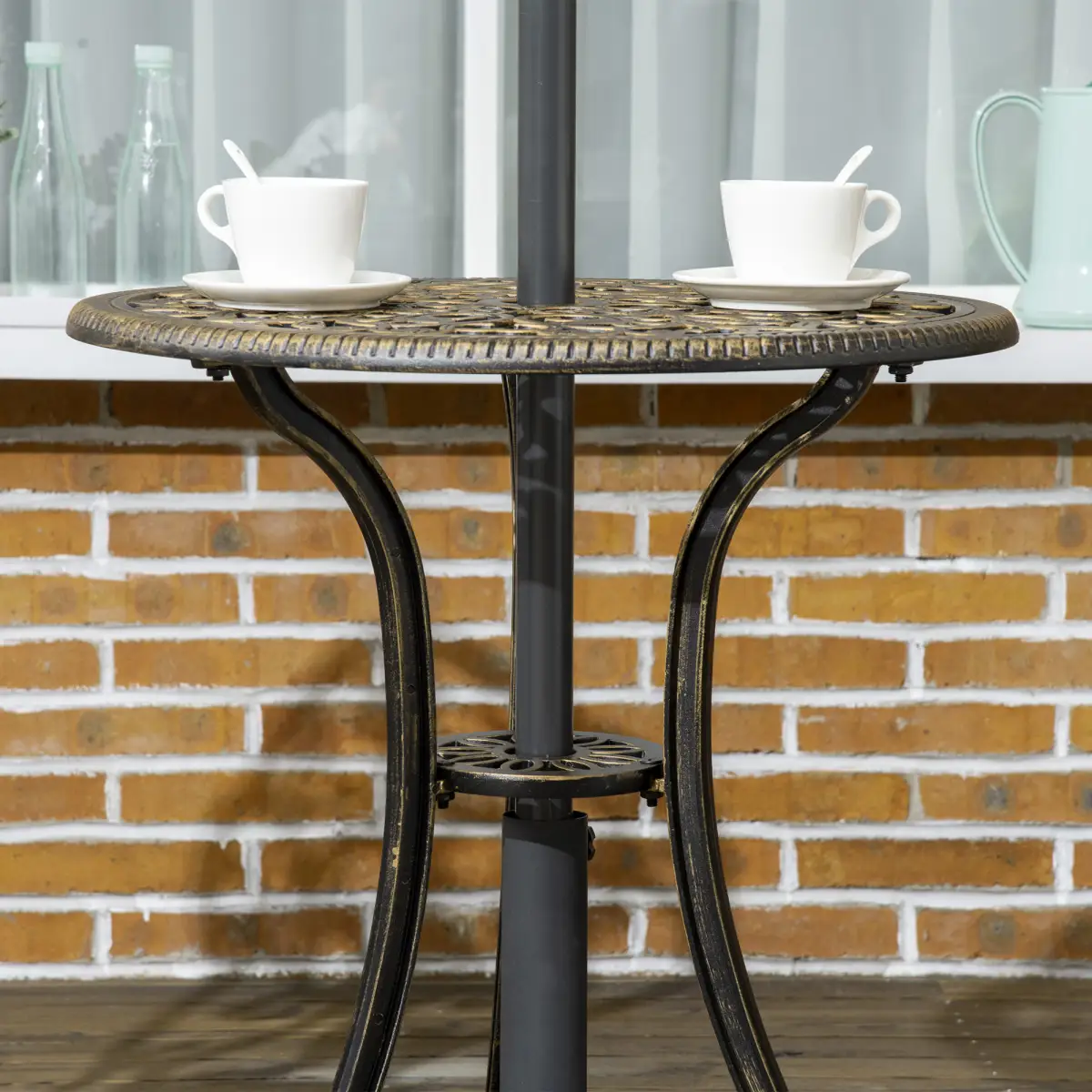 3 Piece Cast Aluminium Garden Bistro Set with Parasol Hole for Balcony, Patio by Outsunny