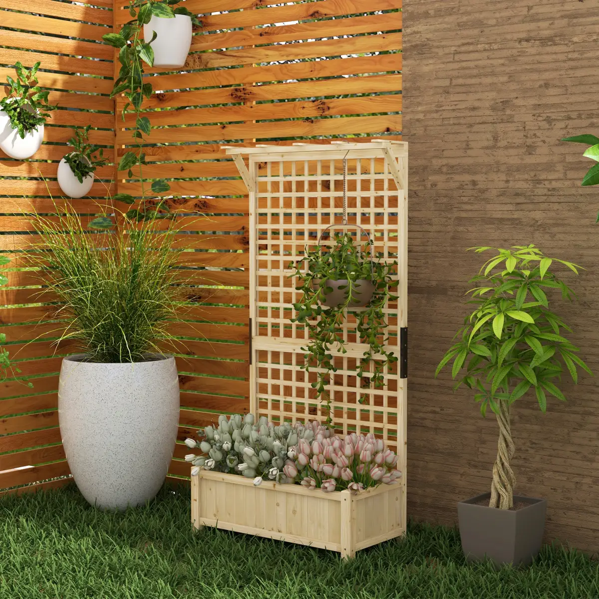Outsunny Wood Planter with Trellis for Climbing Plants Vines Planter Box Natural by Outsunny
