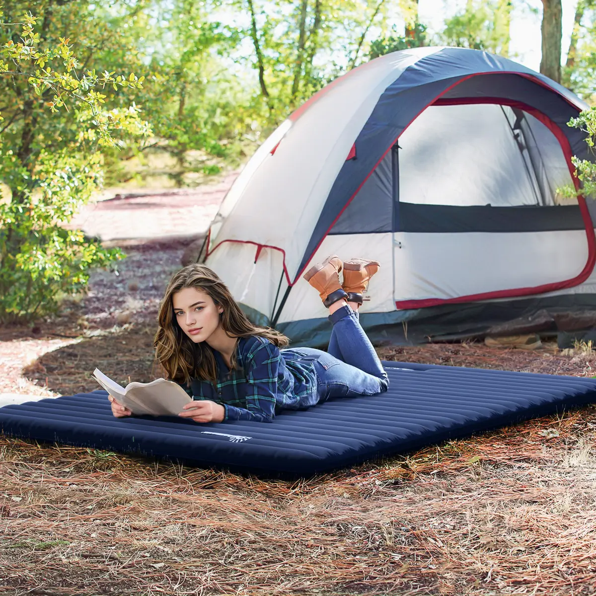 Inflatable Bed Double Mattress Camping Sleeping Outdoor Travel Blue Outsunny by Unbranded