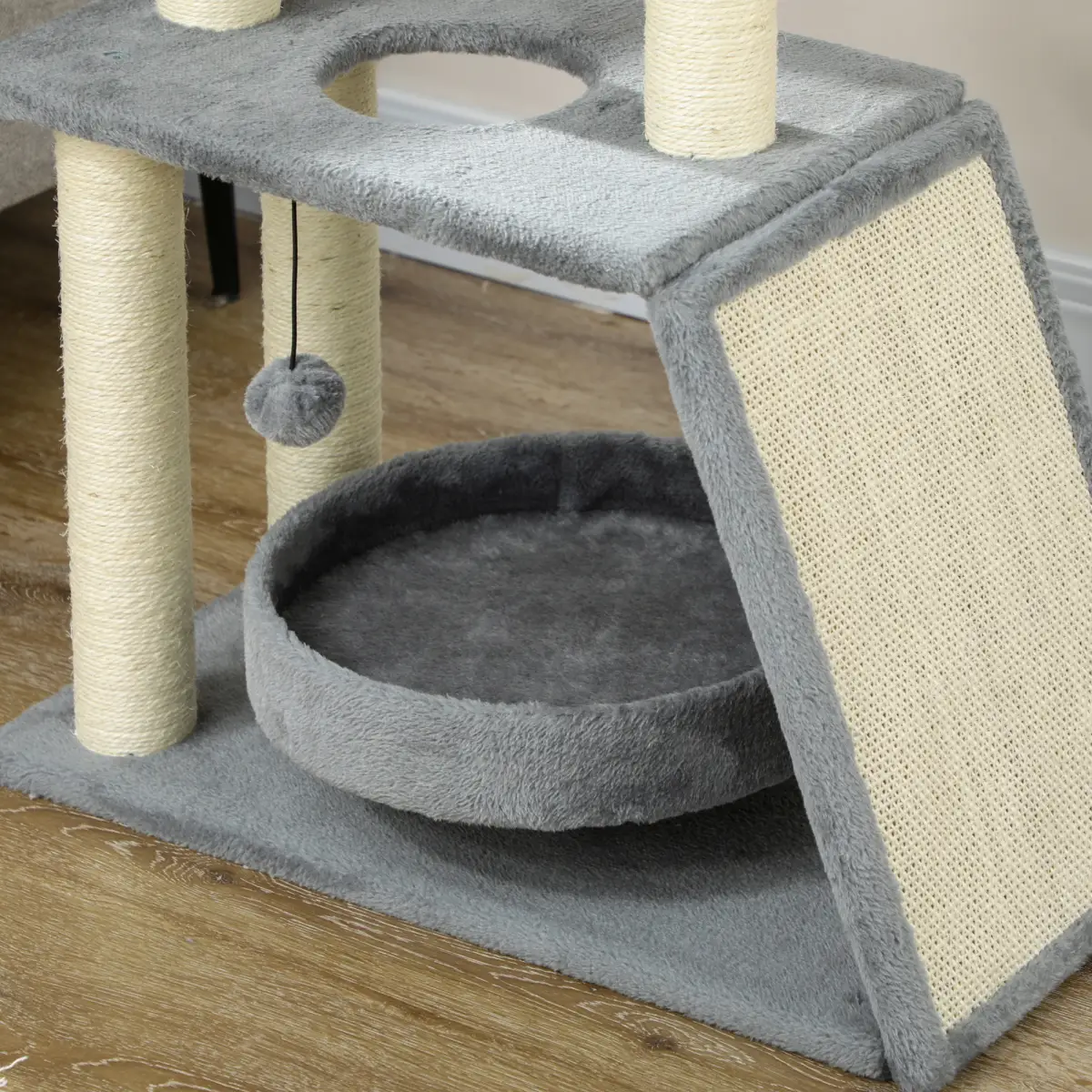 Cat Tree Tower for Indoor Cats w/ Scratching Posts, Pad, Light Grey, Toy Ball by PawHut