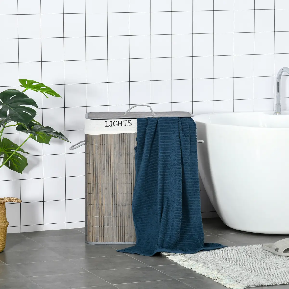 100L Bamboo Laundry Basket with Flip Lid Foldable, Grey Lining, by HOMCOM