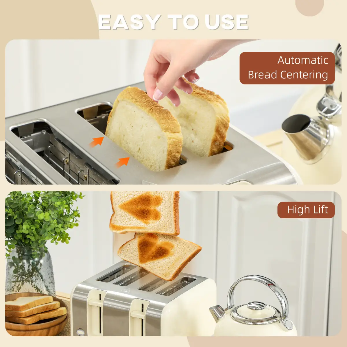 HOMCOM 1.7L 3000W Fast Boil Electric Kettle and 4 Slice Toaster Set, Cream by HOMCOM