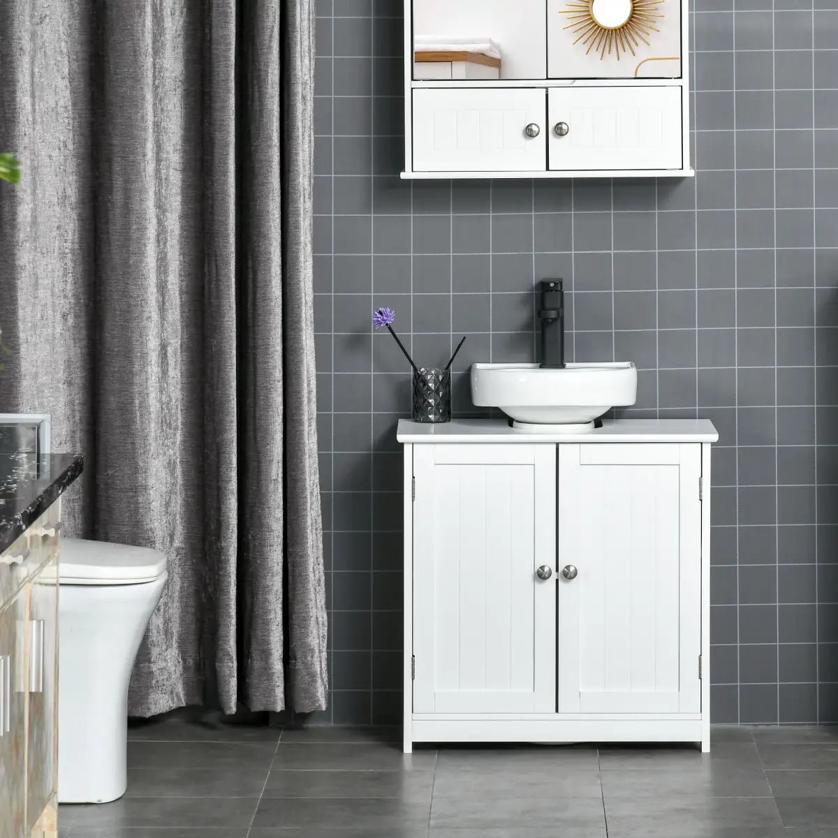 kleankin 60x60cm Under-Sink Storage Cabinet Adjustable Shelf Drain Hole White by Unbranded
