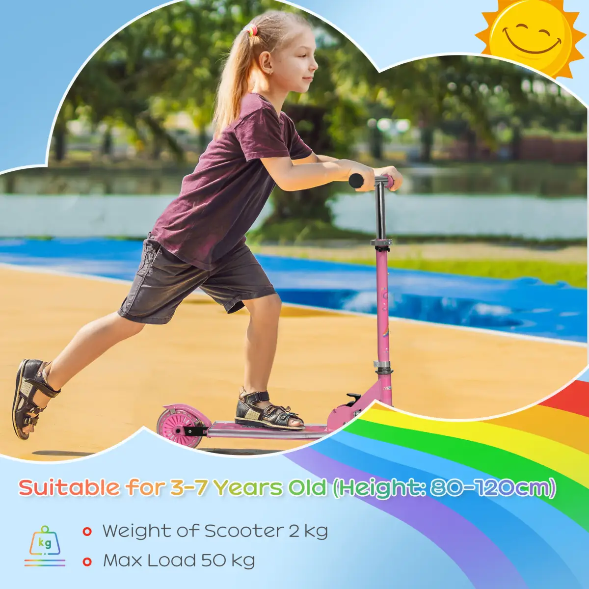Scooter for Kids Ages 3-7 W/ Lights Music Adjustable Height Folding Frame - Pink by Unbranded