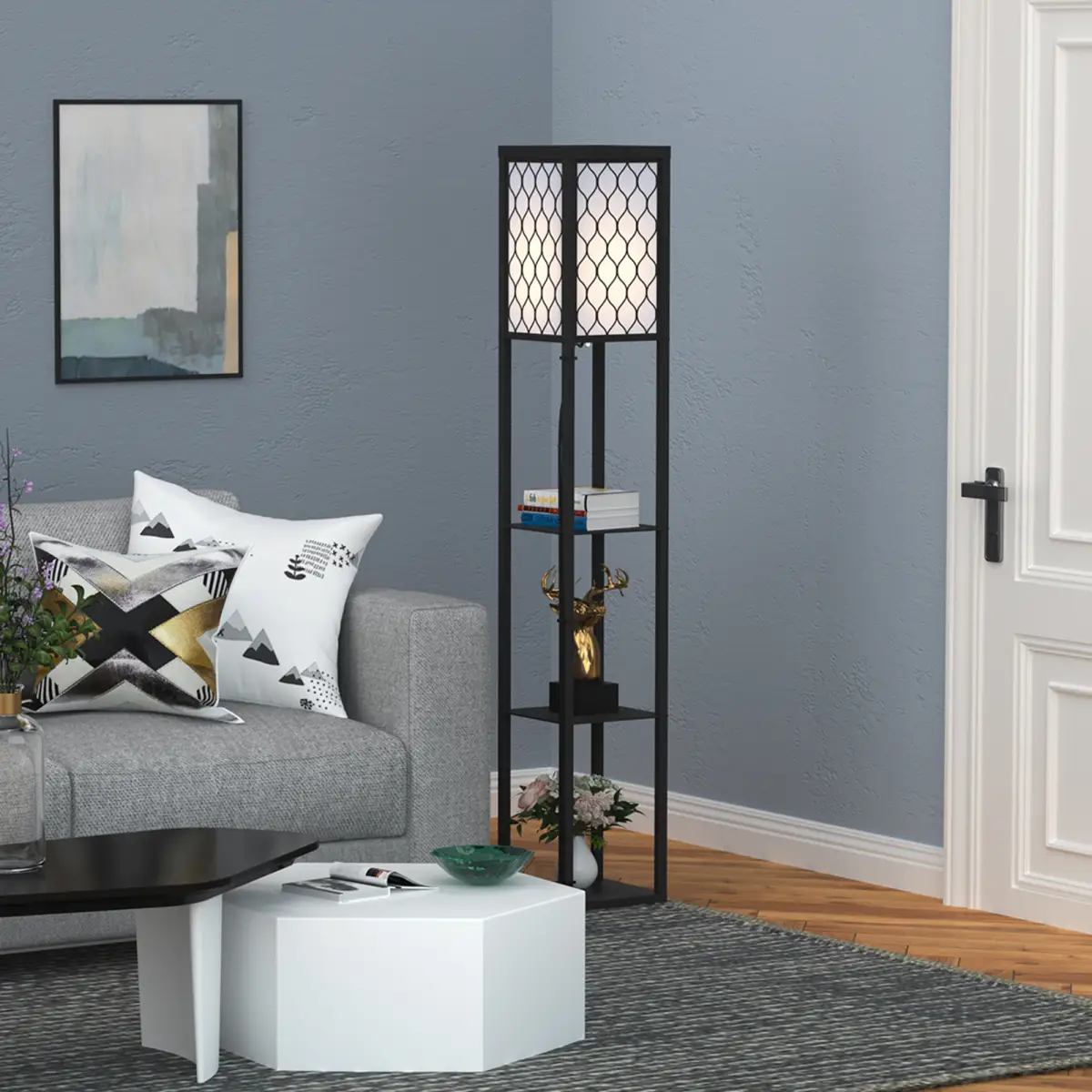 Shelf Floor Lamp W/4-tier Open Shelves Wooden, 26L x 26W x 160Hcm-Black/White by HOMCOM