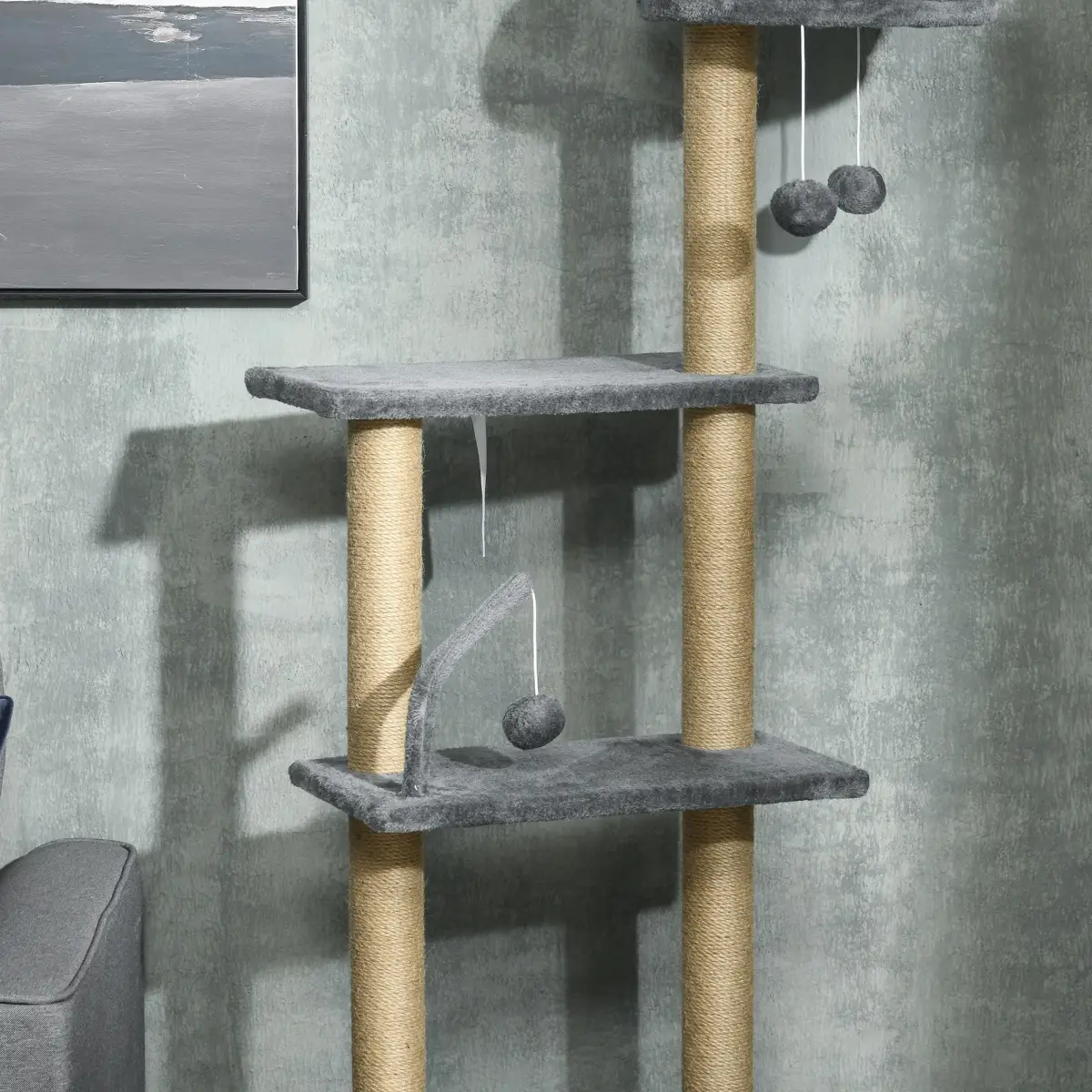 6-Tier Floor to Ceiling Cat Tree with Scratching Post, Bed, Hammock, Grey by PawHut