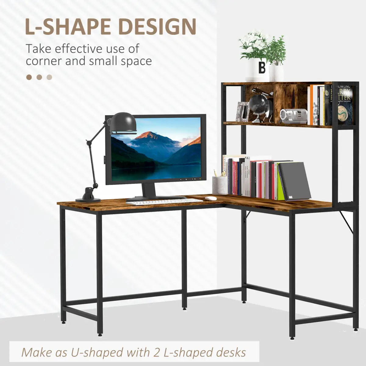 149x140x125cm Industrial L-Shaped Desk w Shelf - Brown & Black by HOMCOM