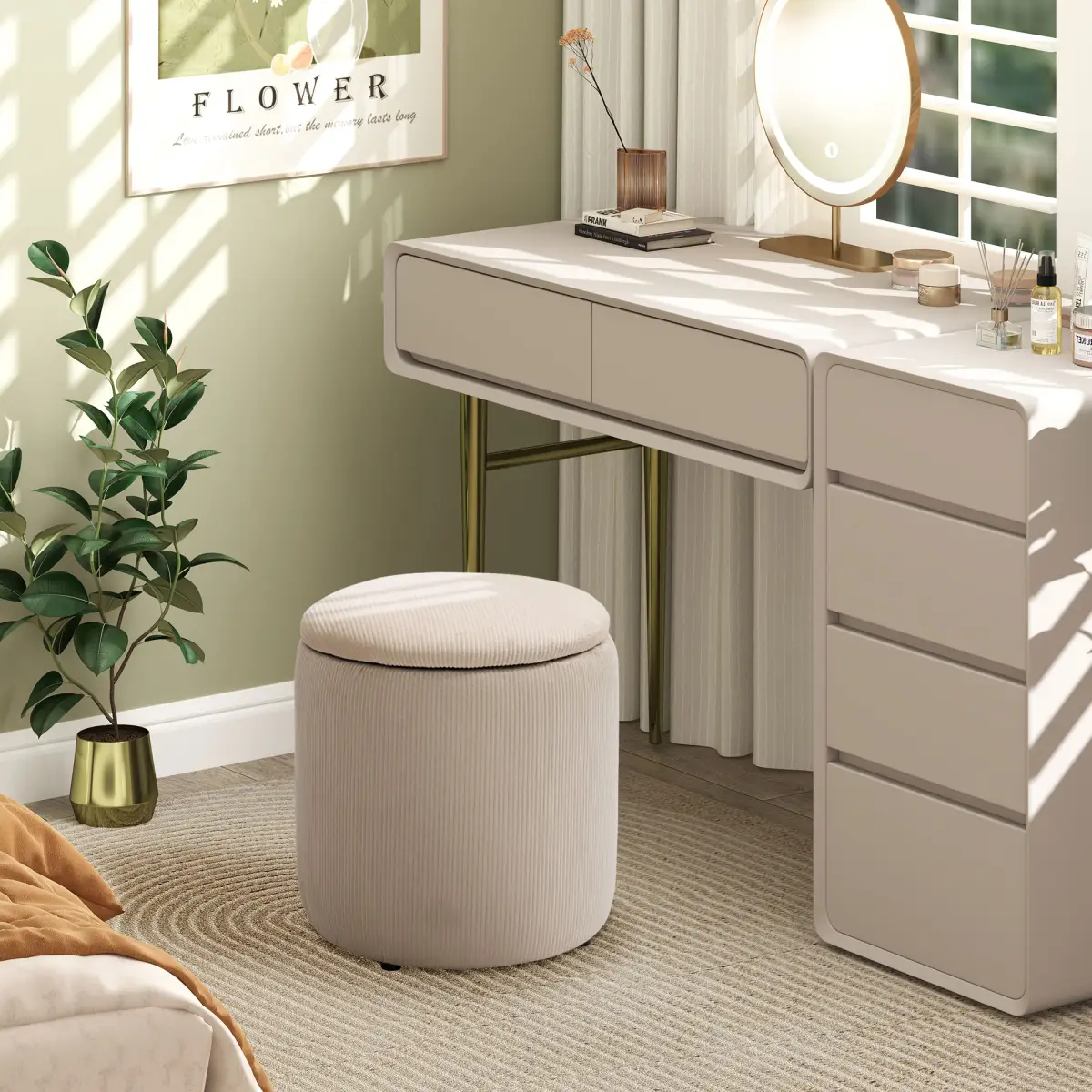 HOMCOM Modern Fabric Storage Ottoman with Removable Lid, Set of 2, Cream White by HOMCOM