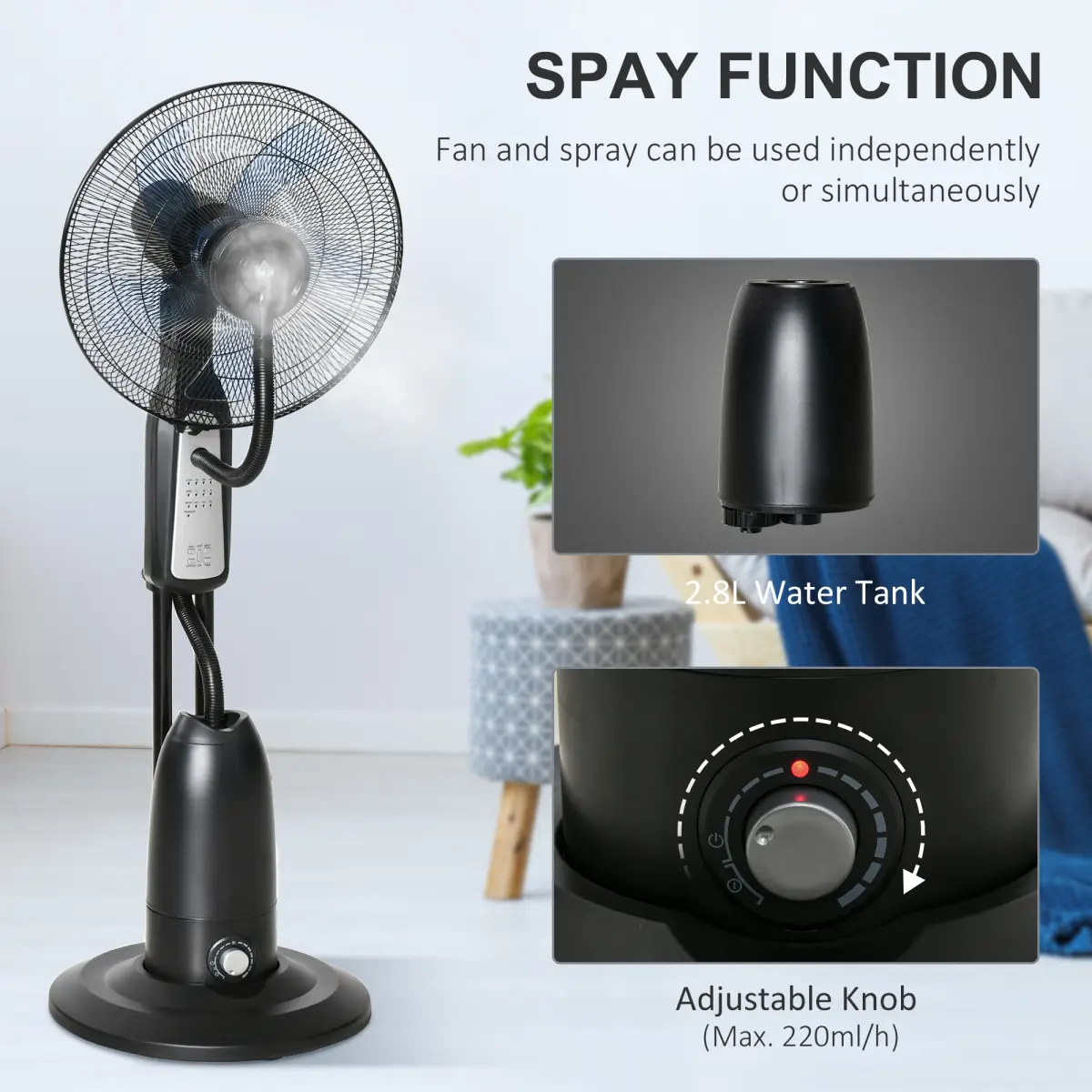 Pedestal Fan with Water Mist Spray Standing Fan w/ 2.8L Water Tank Black by HOMCOM
