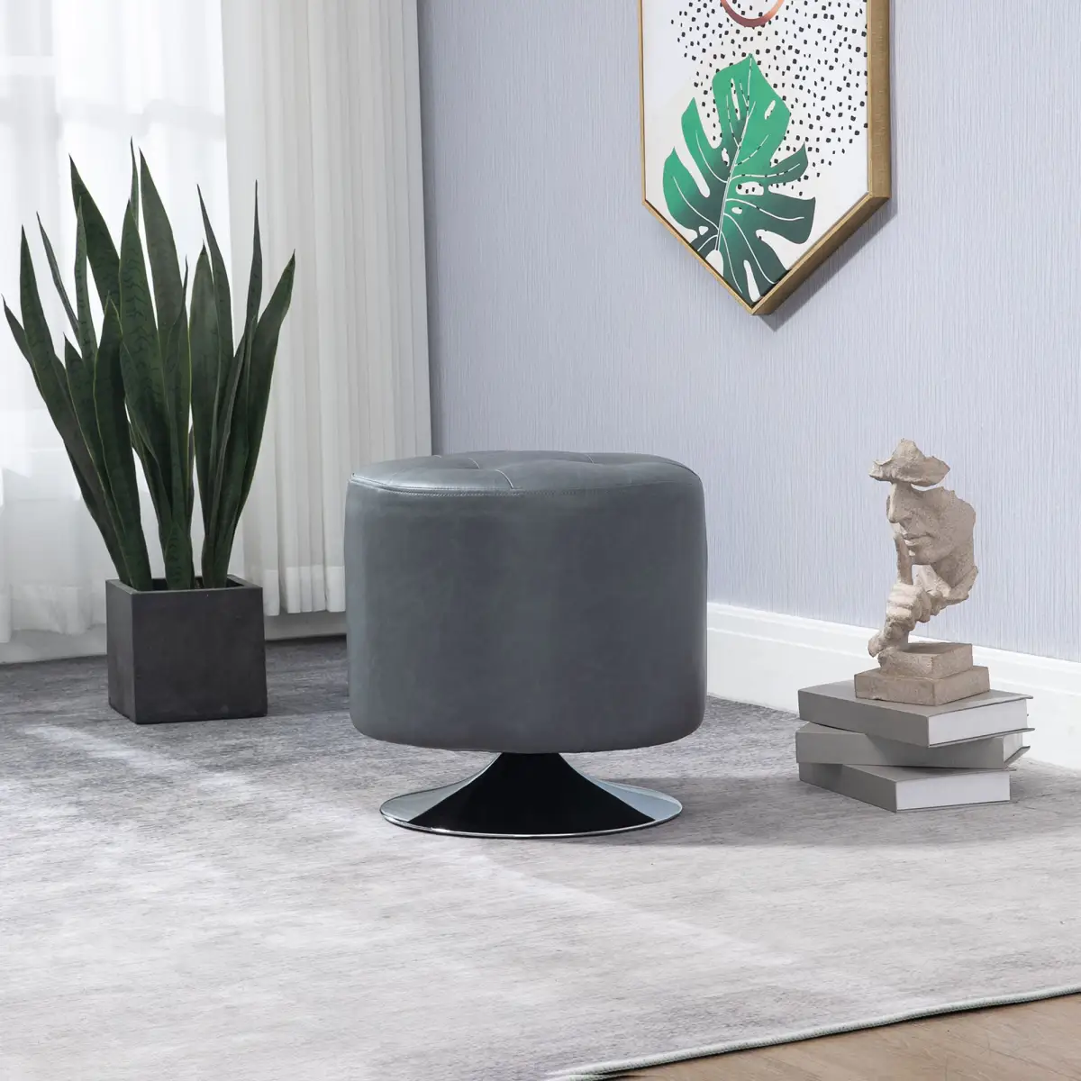 360 Swivel Foot Stool PU Ottoman w/ Thick Padding & Steel Base, Grey by HOMCOM