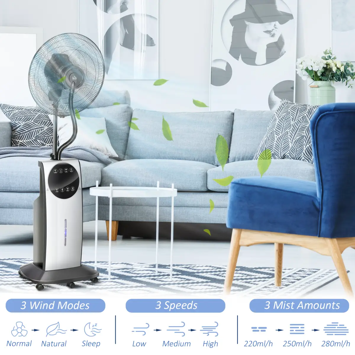 Pedestal Fan with Water Mist Spray Standing Fan w/ 3.1L Water Tank Black by HOMCOM