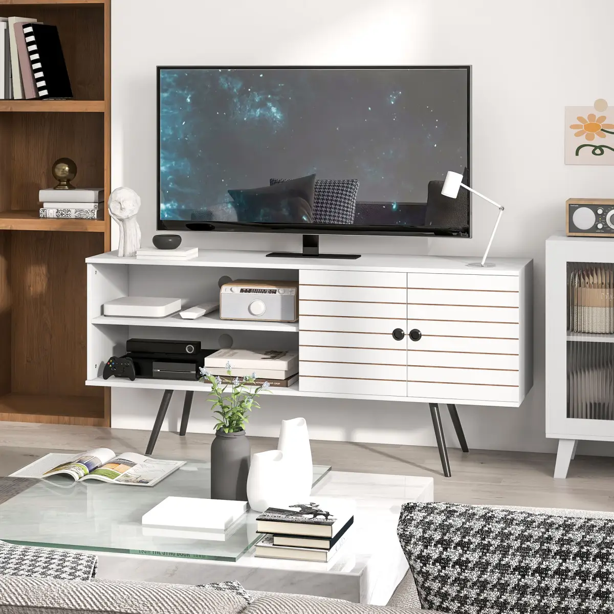HOMCOM TV Unit for 65" TVs with 2 Open Shelves, Door and 2 Cable Holes, White by HOMCOM