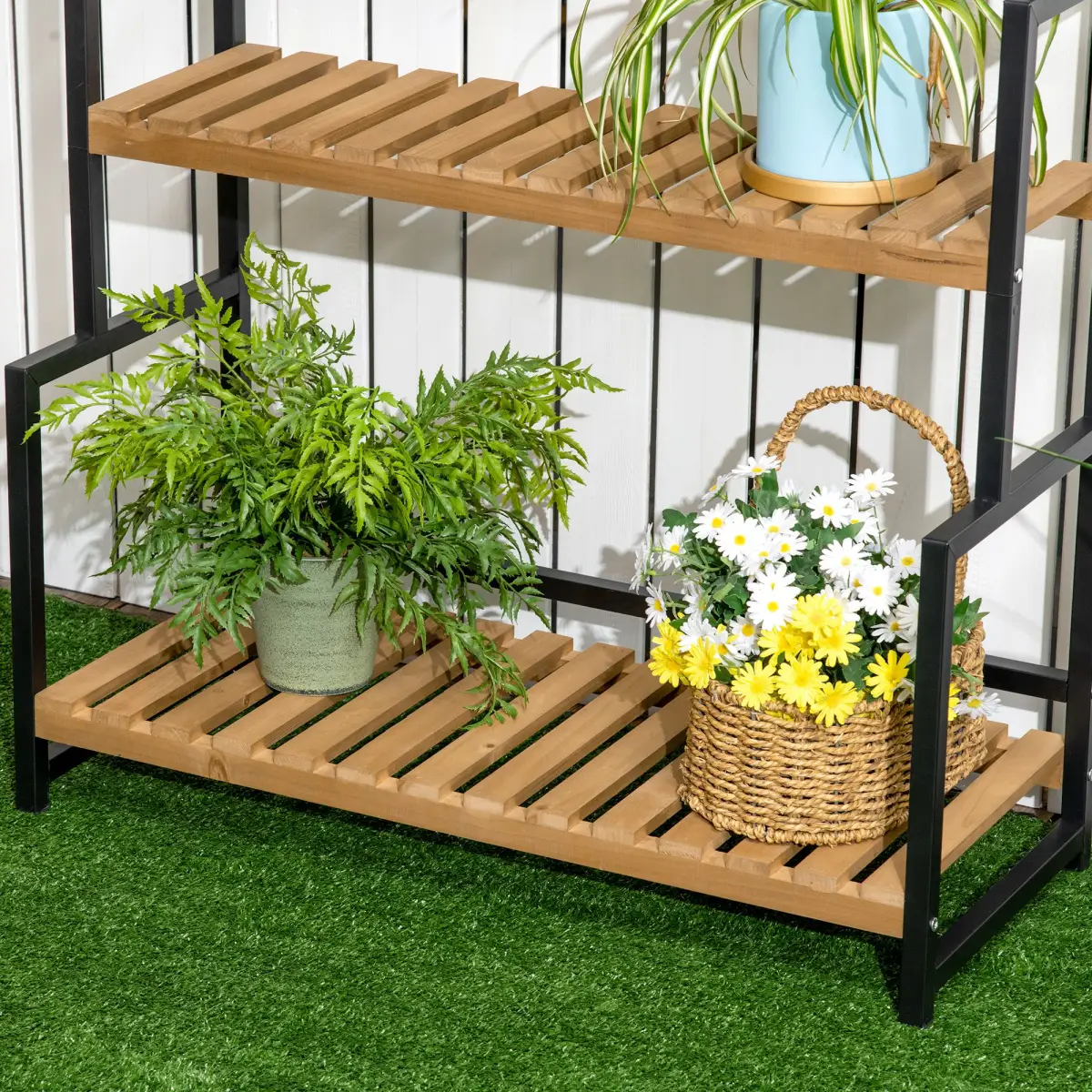 3 Tiered Plant Stand Rack with Hanging Hooks for Indoor Outdoor Decoration by Outsunny