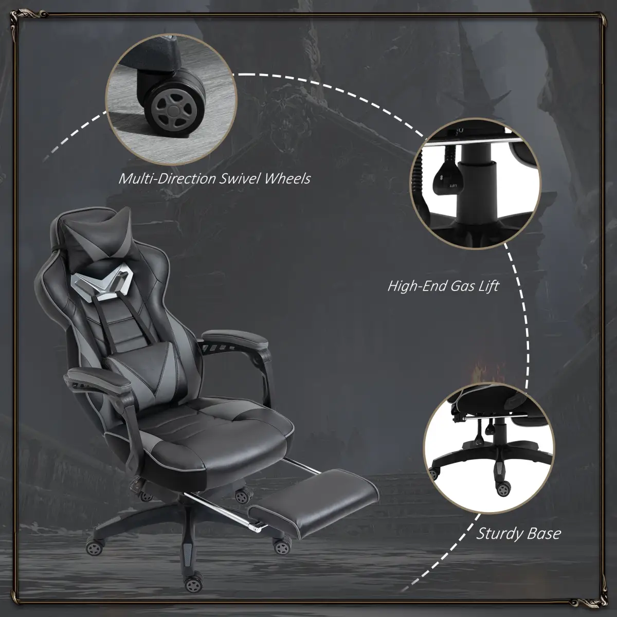 Gaming Chair Ergonomic Reclining w/ Manual Footrest Wheels Stylish Office Grey by Vinsetto