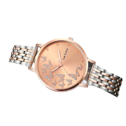 No gift box Fashion women's steel strap watch leisure butterfly diamond face quartz watch butterfly jewelry 5 piece set by All Mart Bristol Ltd