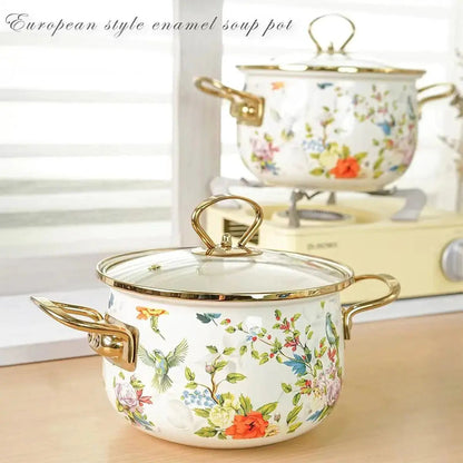 Floral Pattern Ceramic Stockpot, 1 Count Large Capacity Soup Pot Stew Pot with Glass Lid & Metal Handle, Household Cookware for Kitchen by All Mart Bristol Ltd