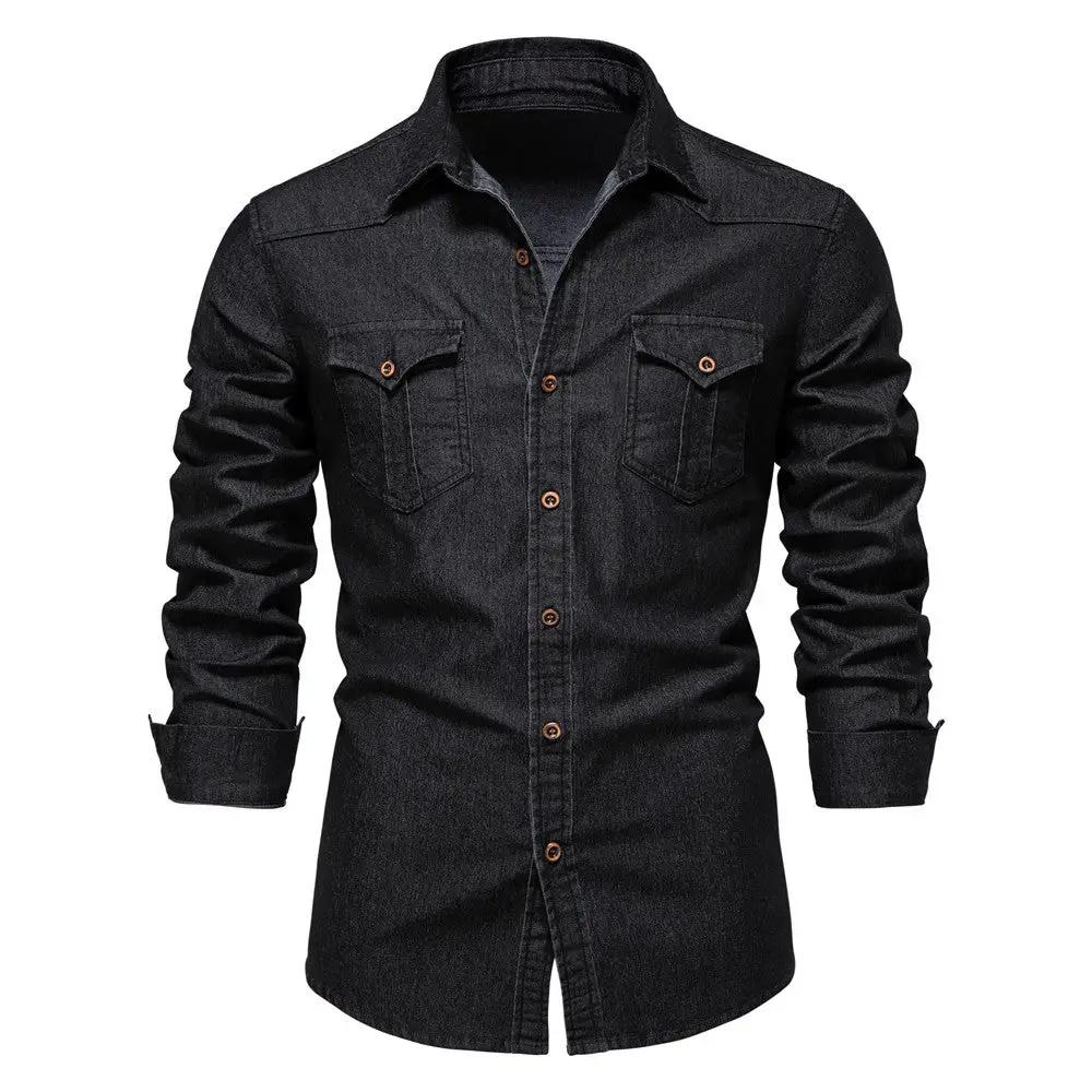 Men's Long-sleeved Denim Shirt Casual Solid Button Slim Tops Clothing by Dropshipman