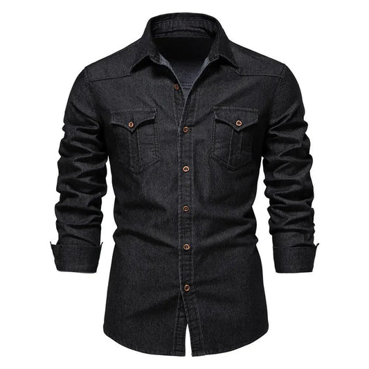 Men's Long-sleeved Denim Shirt Casual Solid Button Slim Tops Clothing by Dropshipman