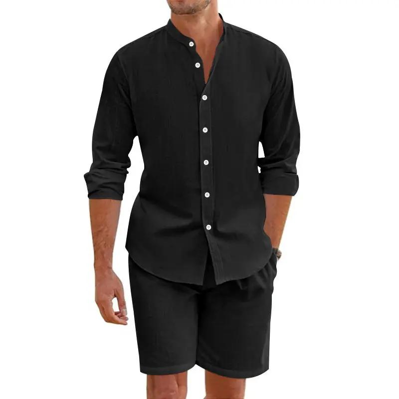 Summer Short Shirt Suit Fashion Lapel Button Down Short Sleeve Top And Drawstring Shorts Beach Clothing For Men by Dropshipman