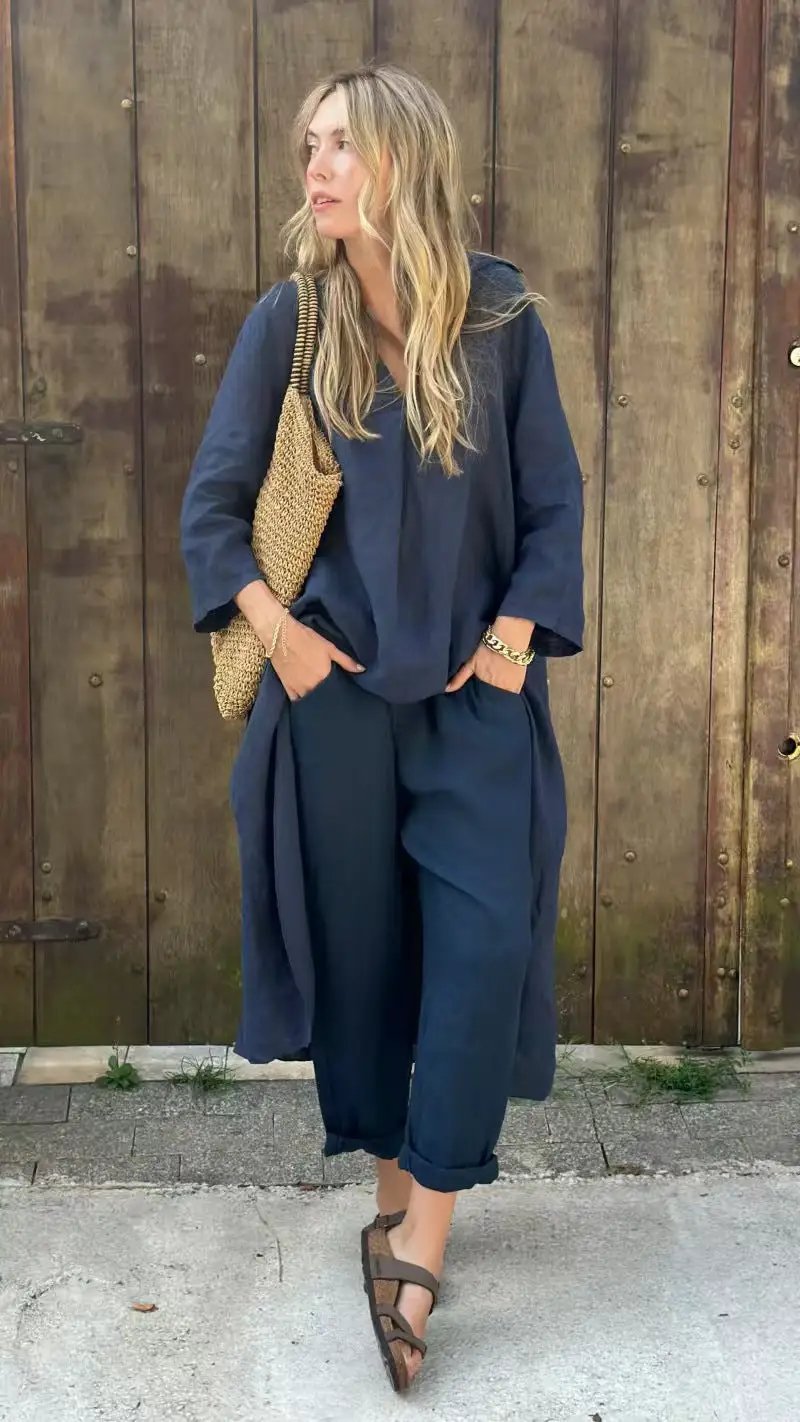 2pcs Long-sleeved Suits Loose V-neck Long Top And High Waist Wide Leg Pants With Pockets Women's Clothing by Dropshipman