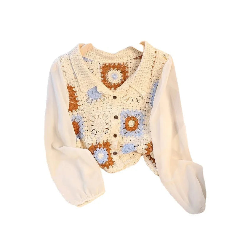 New Embroidered Lace Collar Short-Sleeved Chiffon Blouse for Women - Minimalist Chic Style, with Open and Loose Fit Top. by All Mart Bristol Ltd