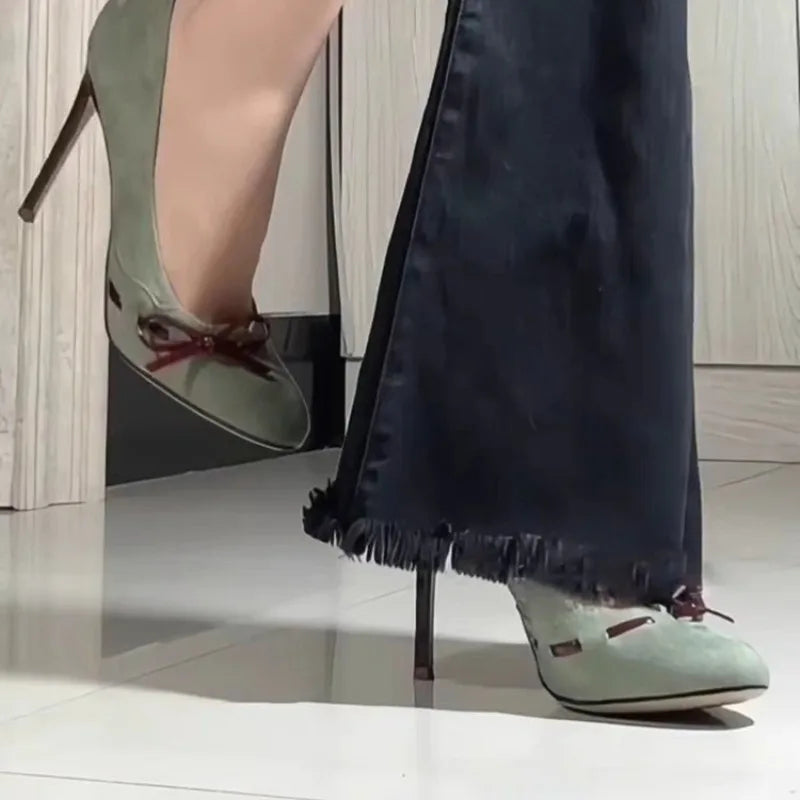 Temperament Super High Heel Single Shoe Round Toe Shallow Suede Butterfly Knot Slip-on Stiletto by All Mart Bristol Ltd