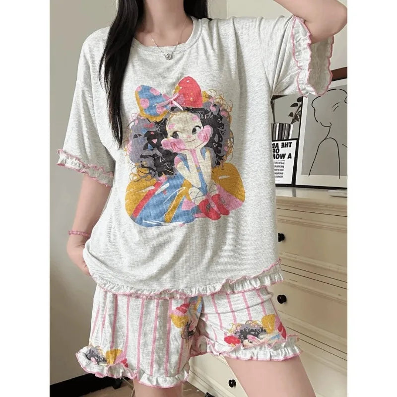 New Teenage Girls Casual Pajama Set Short Sleeves Shorts Two-piece Set with Cartoon Character Made of Modal Home Wear for Women by All Mart Bristol Ltd