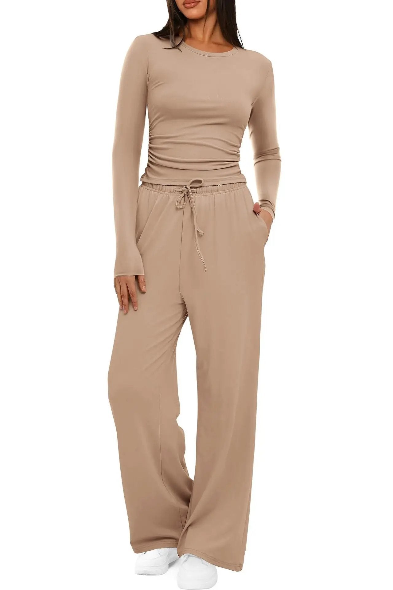 2 Pieces Women's Suit Autumn Winte Long Sleeve Tops High Waisted Wide Leg Pants Sportswear Female Clothes Solid Color Casual Suit by Dropshipman