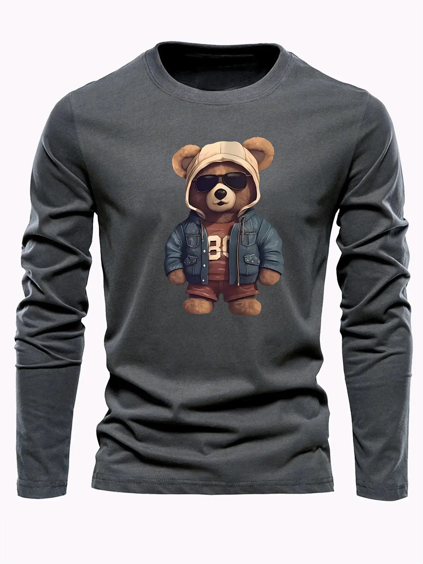 100 cotton men's casual long sleeved round neck loose bear pattern printed autumn and winter T-shirt top versatile by All Mart Bristol Ltd