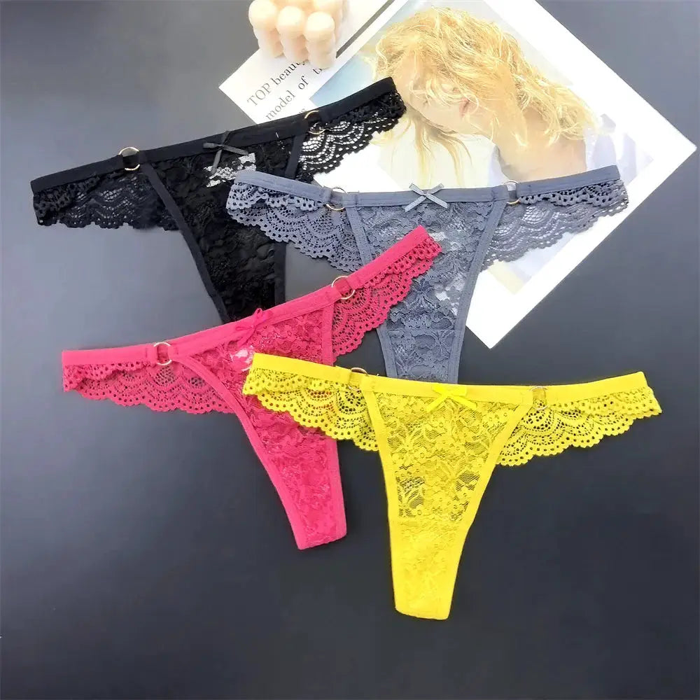 4Pcs Sexy Lace Thong Panties Women Low Rise Transparent Lingerie Set Plus Size by All Mart Bristol Ltd