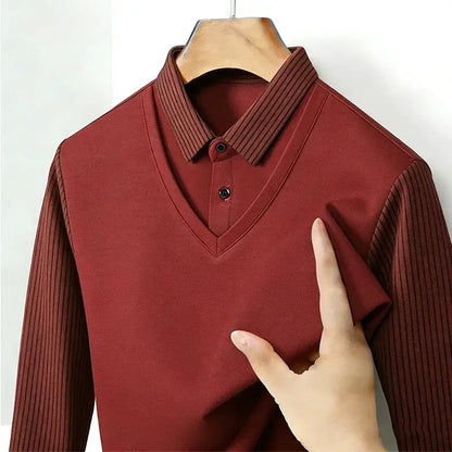 Men's Fake Two Piece Shirt Collar V Neck Long Sleeve Top Khaki Striped Casual Fashion Soft Fabric Daily Wear Blouse by All Mart Bristol Ltd