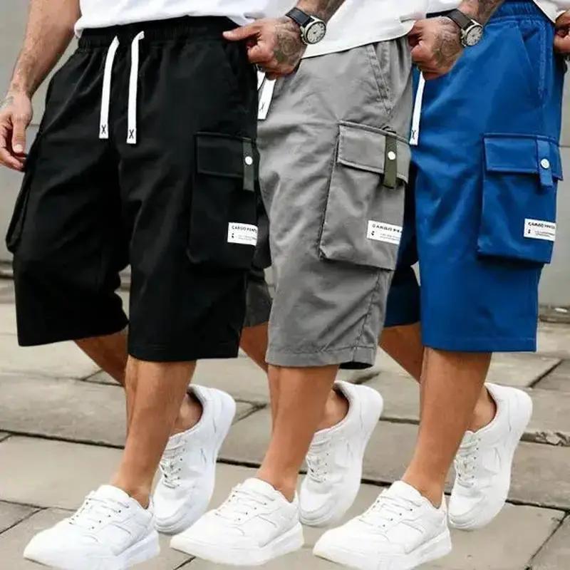 Men'S Summer Casual Cargo Shorts - Elastic Drawstring Waist, Multiple Pockets & Letter Patch Design, Regular Fit Mid-Rise Non-Stretch Fabric for Daily Wear & Leisure Activities, Nontransparent Fabric, Menswear, Minimalist Tiktokshopspringglowup