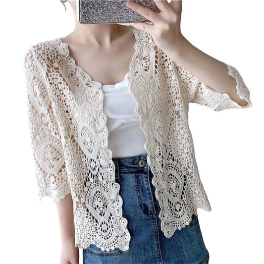 Handcrafted Lace Cardigan Crochet Women Cardigan 2025 3/4 Sleeve Hollow Out Open Front Sheer Sweater Boho Summer Knit Shrug by All Mart Bristol Ltd